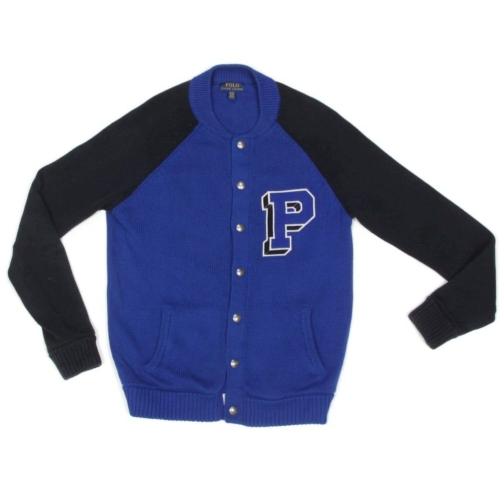 Polo Ralph Lauren Blue Boy's Snap Button Knit Varsity Sweater Cardigan XL /037 - Picture 2 of 5